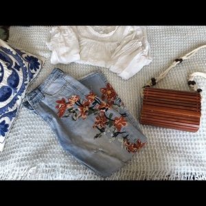 Flower Embroidered Light Med Wash Denim